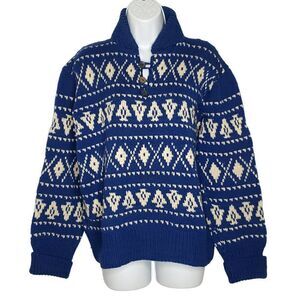 Handknit Sweater Button V Collar Neck Diamond Birdseye Argyle Blue Cream M/L